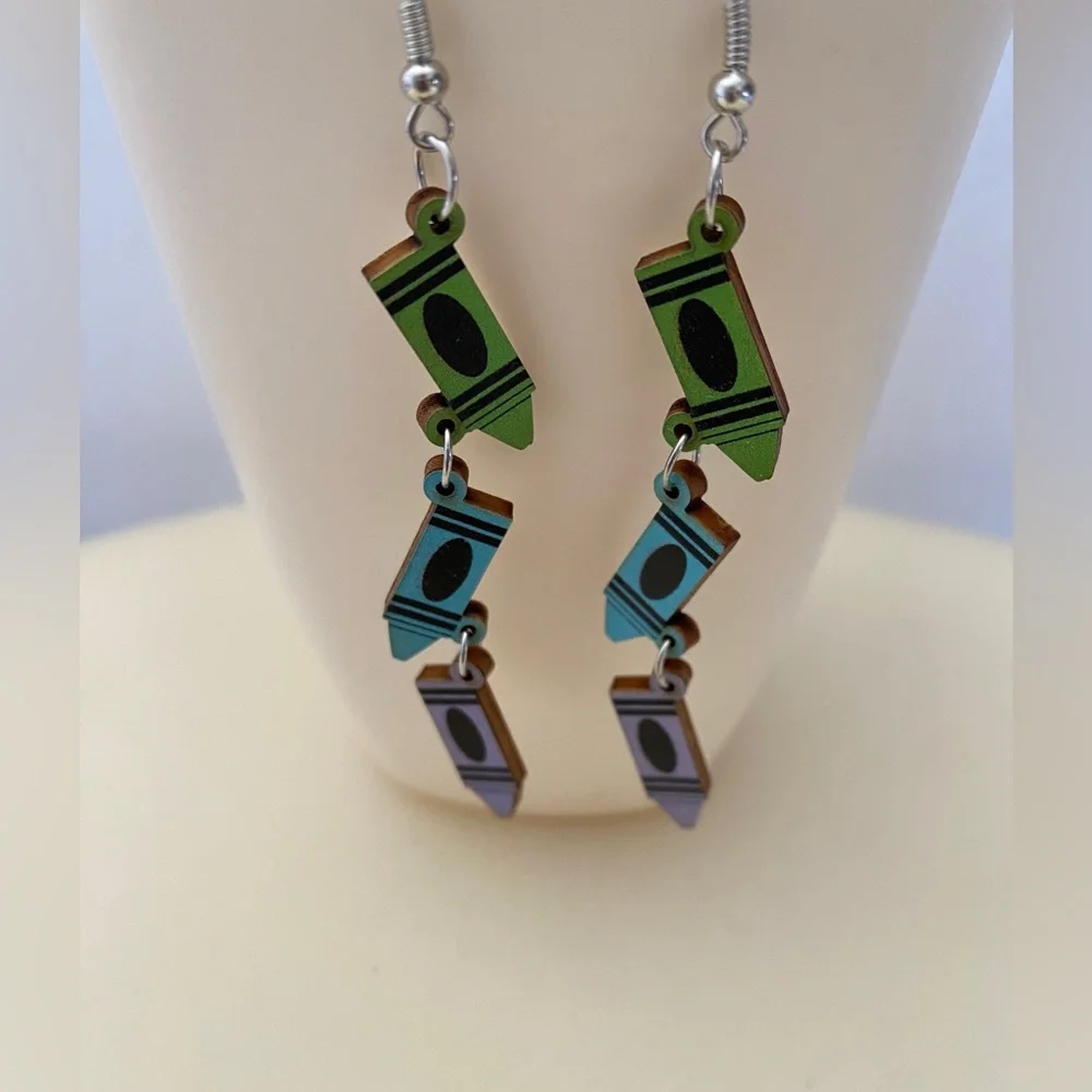 Cute Personality Pastel Colors Crayon Pendant Wooden Dangle Earrings Light Weigh
